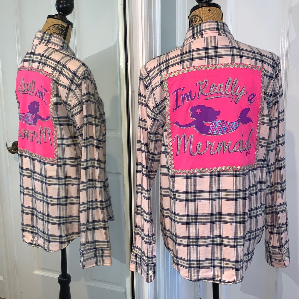 Upcycled Handmade Mermaid Appliqué Pink & Black Flannel Boyfriend Shirt M-L
